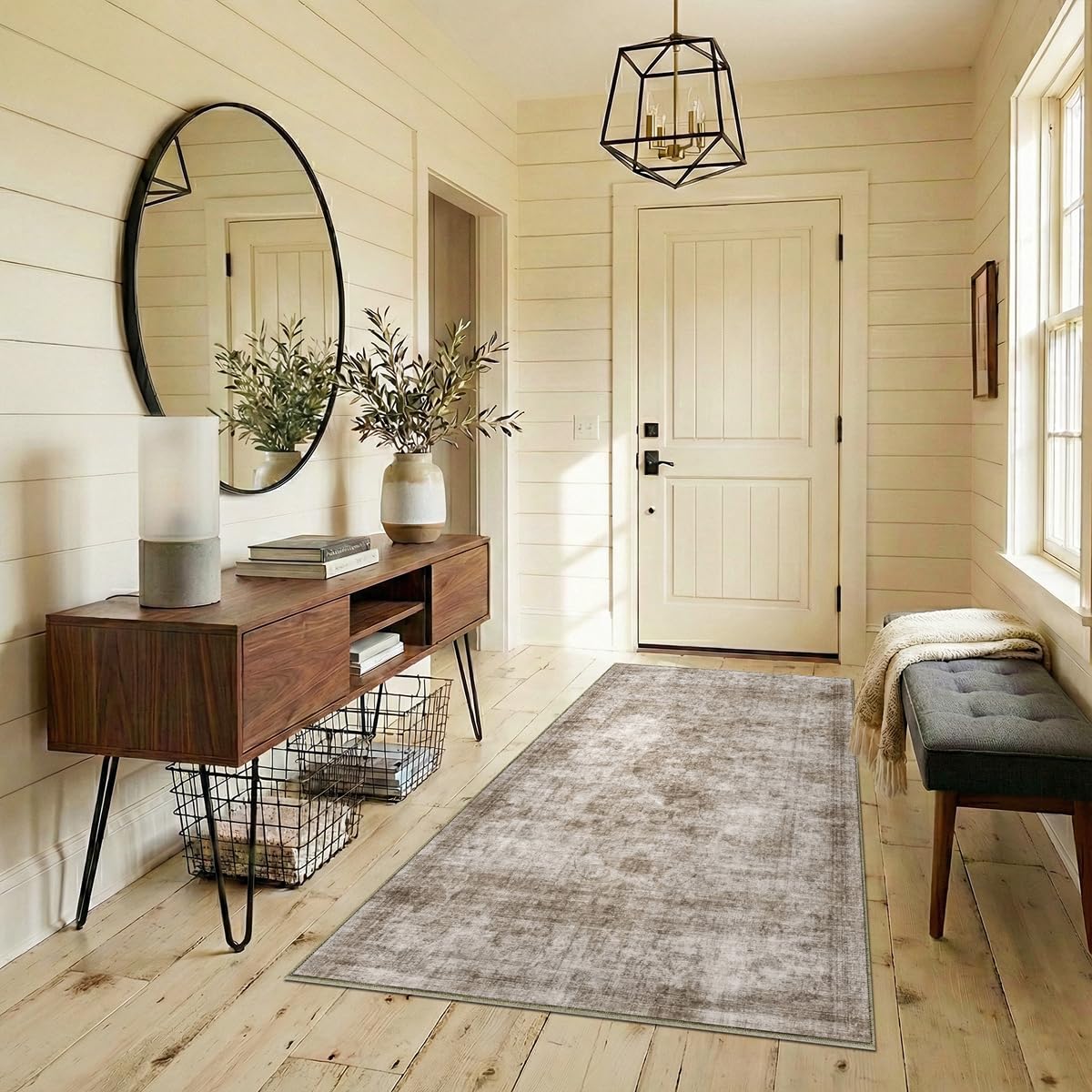 Homemate Washable Rug 4x6 Area Rugs - Vintage Faux Wool Rugs for Living Room Bedroom Dining Room - Non Slip Foldable Carpet Indoor Area Rug for Home Decor（4'x6', Brown
