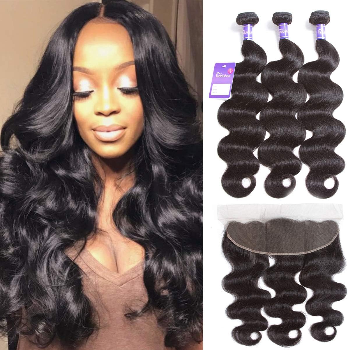 Faddishair Brazilian Hair Body Wave Bundles with Frontal Human Hair Bundles 100% Unprocessed Virgin Hair Weave Natural Black Body Wave Hair Bundles (14"16"18"+14" Frontal)