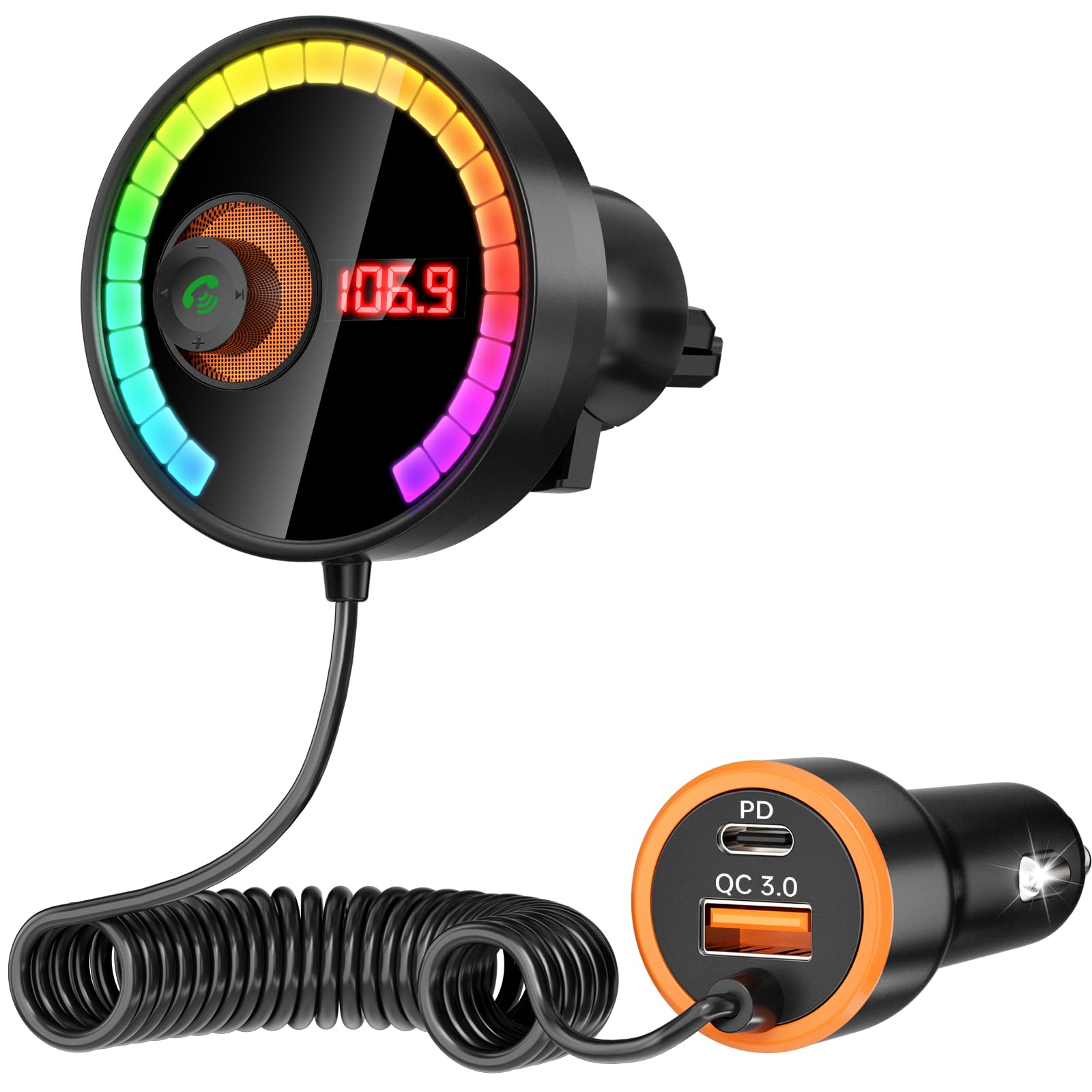 Bluetooth Car Adapter FM Transmitter Car Radio Bluetooth Transmitter, 7 Colors LED Backlit, QC3.0 Fast Charging, Strong Microphone, Hifi Bass Sound, Hands-Free Call, Support USB/TF Drive