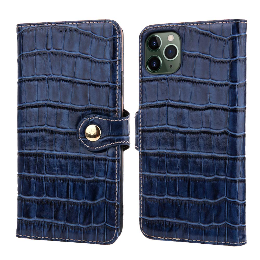 nincyee Genuine Leather Wallet Case for iPhone 11 Pro,Classic Crocodile Pattern Real Leather Flip Stand Case Cover with Card Slot Blue