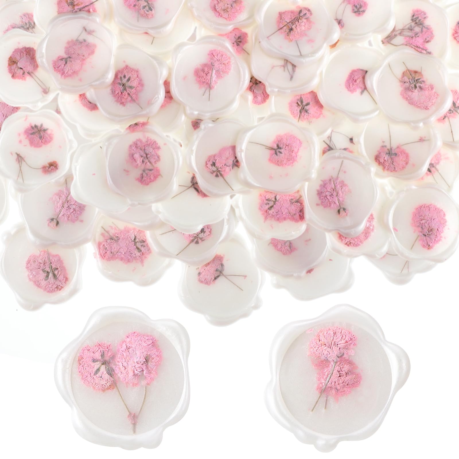 Photo 1 of Qilery 50 Pcs Wax Seal Stickers Babys Breath Dried Floral Envelopes Seals Stickers Bulk for Wedding Invitation Bridal Shower Birthday Party Letter Greeting Cards Gift Wrapping, Self Adhesive (Pink)