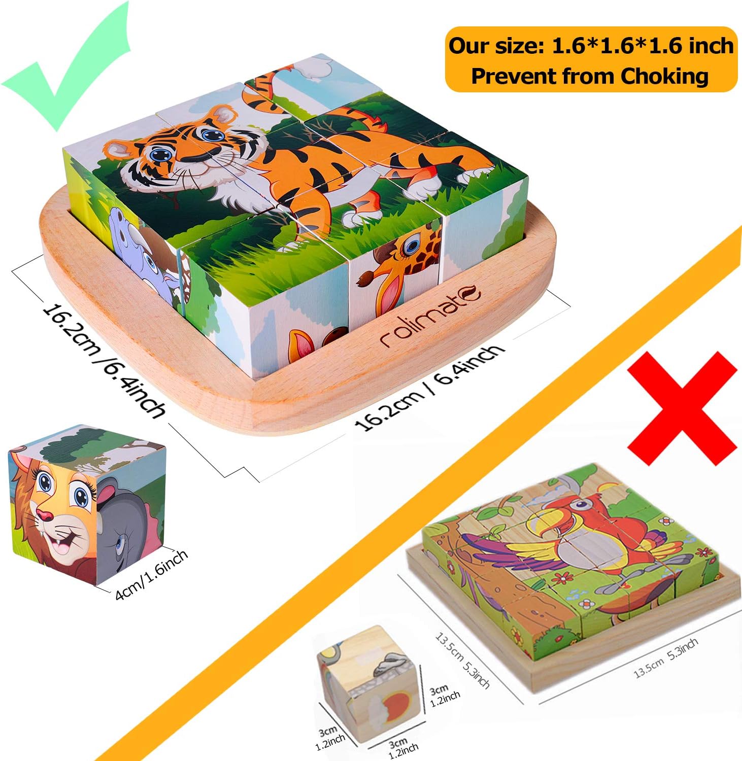 6 in 1 Wooden Block Puzzle Animal Cube Puzzle for 2 3 4+ Years Boy Girl Educational Toys Montessori Toys for Toddlers Jigsaw Puzzle with Puzzle Tray: Toys & Games