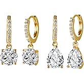 MDFUN 18K Gold Plated Dangle Hoop Earrings Set for Women Hypoallergenic Huggie Earring Sets Cubic Zirconia Drop Jewelry Gifts for Her