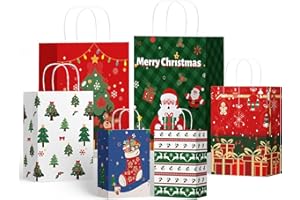 SUNEE Christmas Gift Bags Assorted Sizes and Designs, 24pcs Christmas Paper Gift Bags with Tissue paper, Assorted with Xmas Stockings, Santa Claus Designs for Xmas Gift bags, 8 Large, 8 Medium, 8 Small