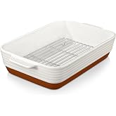 MALACASA Large 9x13 Ceramic Baking Dish with Rack, 4.8 Qt, Khaki &amp; White | For lasagna, roasting, baking, serving, oven safe, deep lasagna pan, rectangular bakeware, easy-grip handles, TARA Series.