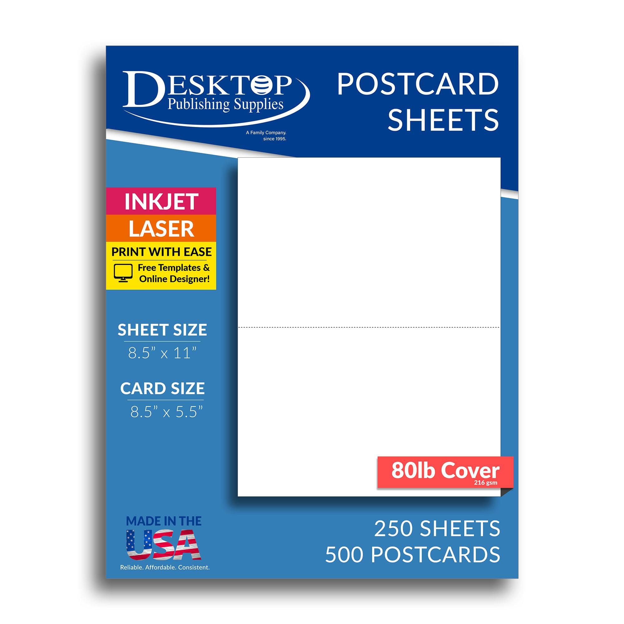 Photo 1 of 8.5" x 11" Blank White Perforated Cardstock Paper - 2 Per Sheet Breaks to 5.5" x 8.5" - Inkjet/Laser Printable - For Postcards, Flash Cards, Index Cards - 250 Sheets / 500 Cards