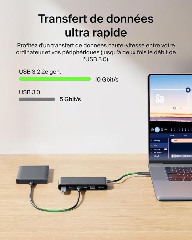 Connect Hub USB C 8-en-1, Prise en Charge De La Résolution 4K à 60 Hz, Fonctionne avec Mac, Windows, Chromebook, PD de 100 W, Transfert De Données De 10 Gbit/s, Ethernet De 2,5 Gbit/s - Noir
