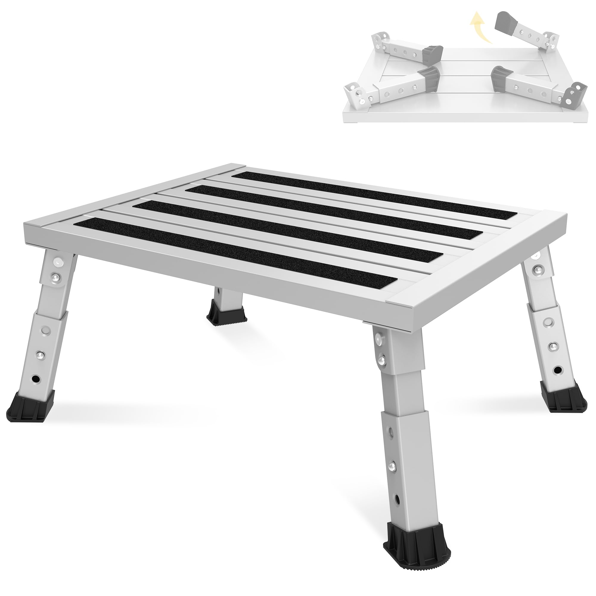 XARILK Folding Adjustable Step Stool for Caravan, Motorhome, SUV – Heavy Duty Metal Step Holds 350kg, Non-Slip & Foldable, 3 Height Levels (18–24cm), Portable for Camping, Elderly & Outdoor Use