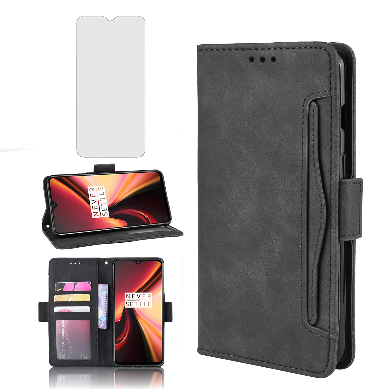 Phone Case for OnePlus 7 6T Wallet Purse Leather Flip With Tempered Glass Screen Protector Card Holder Slot Stand Kickstand OnePlus6T A6013 OnePlus7 GM1900 One Plus6T 1+ Plus7 1 Plus 1plus T6 Black