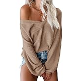 ReachMe Womens Oversized Off The Shoulder Tops Long Sleeve Waffle Knit Shirt Drop Shoulder Sweater Top