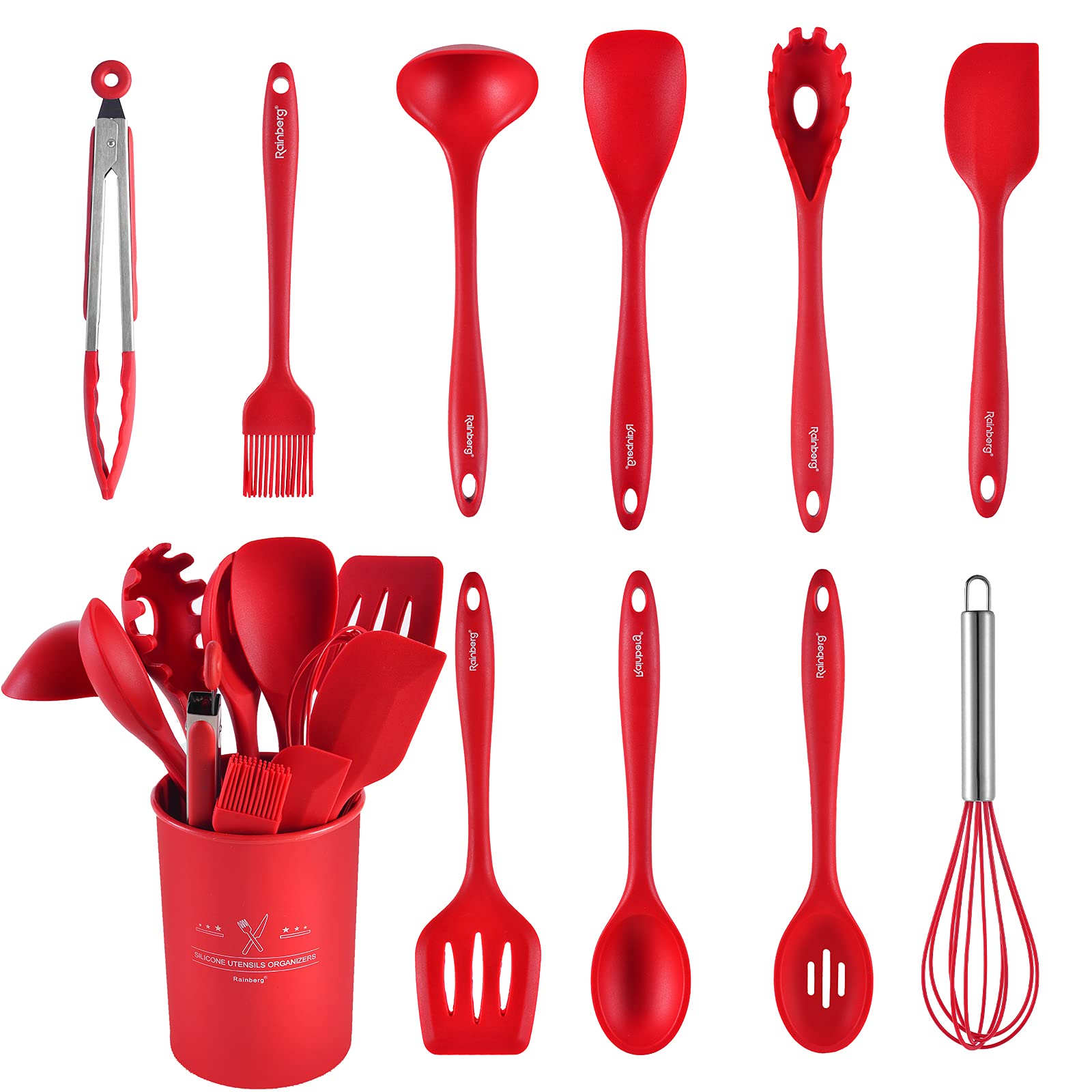 Rainberg Kitchen Utensil Set 12 Pcs Silicone Cooking Utensils Set for Non Stick Kitchen Sets, Kitchen Utensils Set, Spatula Set, Kitchen Gadgets, Turner, Whisk, Kitchen Tool Set (Red)