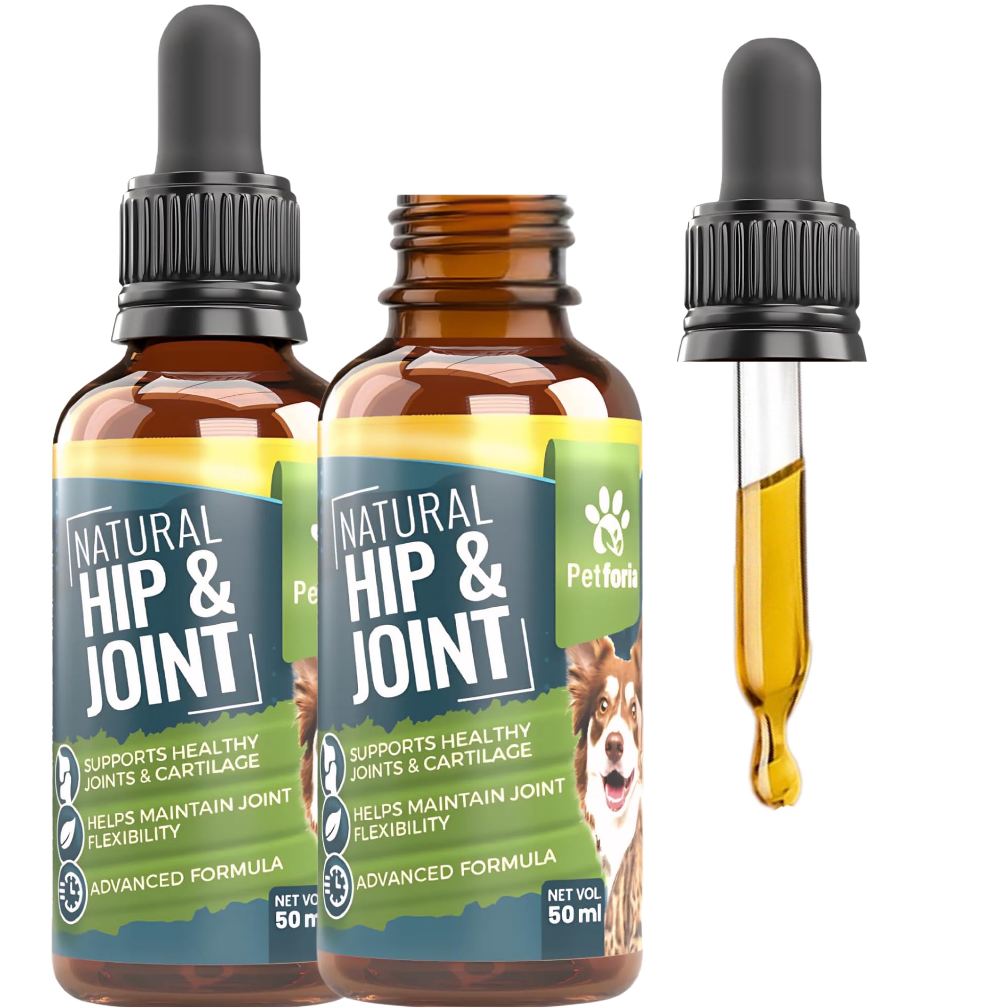 Petforia Dogs & Cats Joint and Hip Support Supplement 50ml (2-Pack) โ Fast-Acting Natural Mobility Formula with Glucosamine, Vitamin C & Herbal Extracts for Comfort, Flexibility & Joint Care