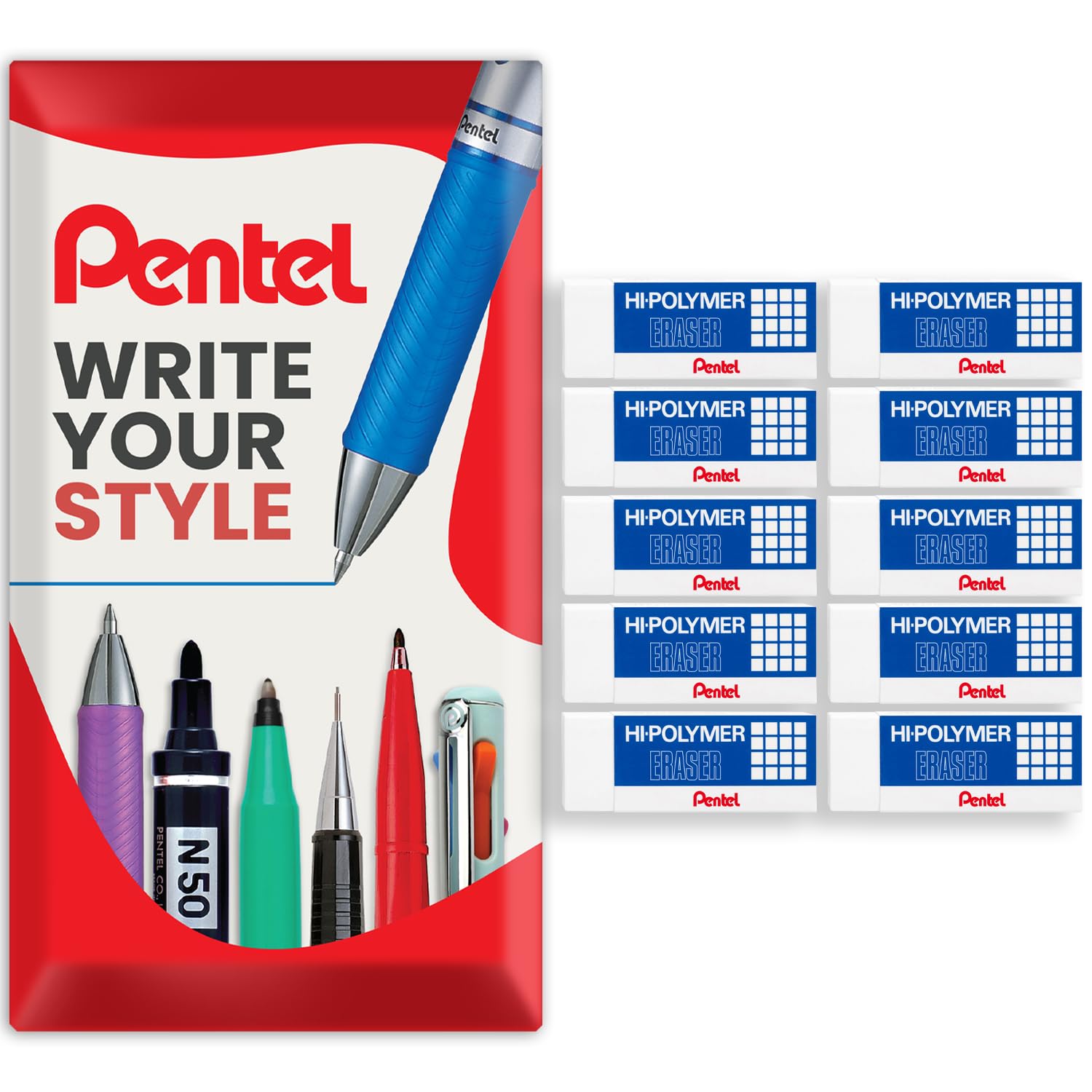 Pentel - Hi-Polymer Jumbo Plastic Rubbers Erasers - White Pack of 10 - in Envelope Gift Packaging