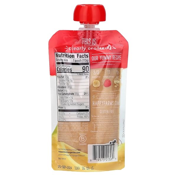 HAPPY BABY ORGANICS STAGE 2 BABY FOOD POUCHES, GLUTEN FREE, VEGAN & HEALTHY SNACK, CLEARLY CRAFTED FRUIT & VEGGIE PUREE, BANANAS, RASPBERRIES & OATS, 4 OUNCES (PACK OF 1)
