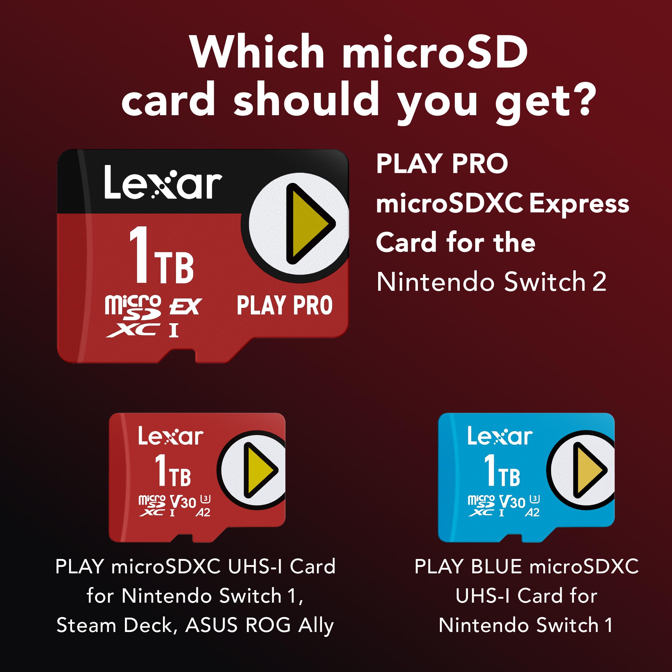 Lexar 512GB Play PRO microSD Express Card, UHS-I, C10, U3, V30, Full HD, 4K, Up to 900/600 MB/s Memory Card, Compatible w/Nintendo-Switch 2, ASUS ROG Ally, Steam Deck, Gaming (LMSXPS0512G-BNNNU)