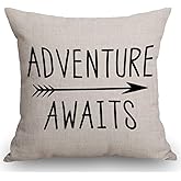 SSOIU Arrow Throw Pillow Cover Adventure Awaits Quote Decoration Cotton Linen Home Decorative Throw Pillow Case Cushion Cover for Sofa Couch, 18" x 18"