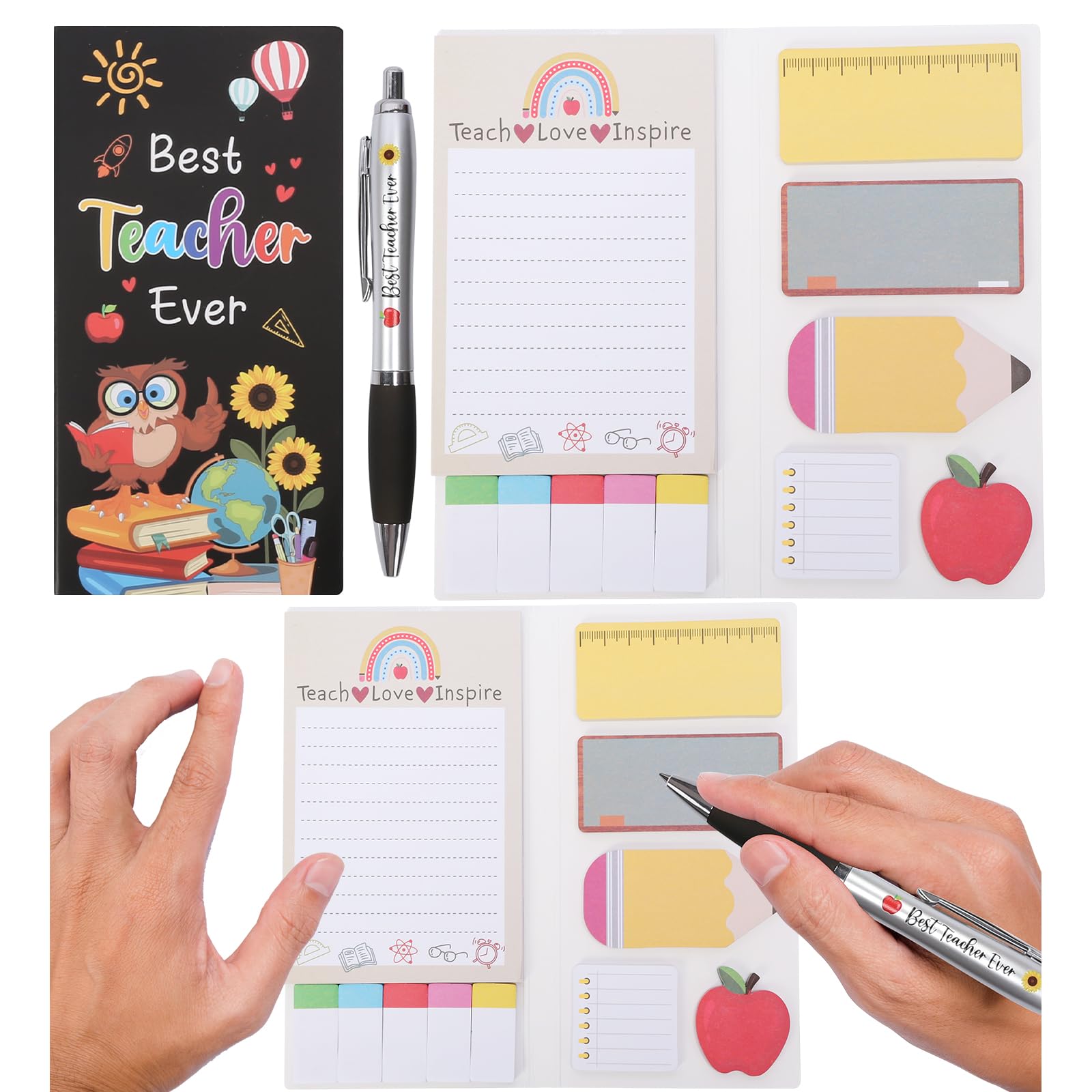 DKINY Thank You Best Teacher Ever Sticky Notes Set, 550 Sheets Self-Stick Note Pads with Pen, Teacher Appreciation Gifts for Women Men, Office School Stationery Supplies