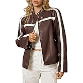 Tankaneo Womens Faux Leather Bomber Jackets Zip Up Color Block Moto Biker Jacket Casual Vintage Y2K Racing Coat