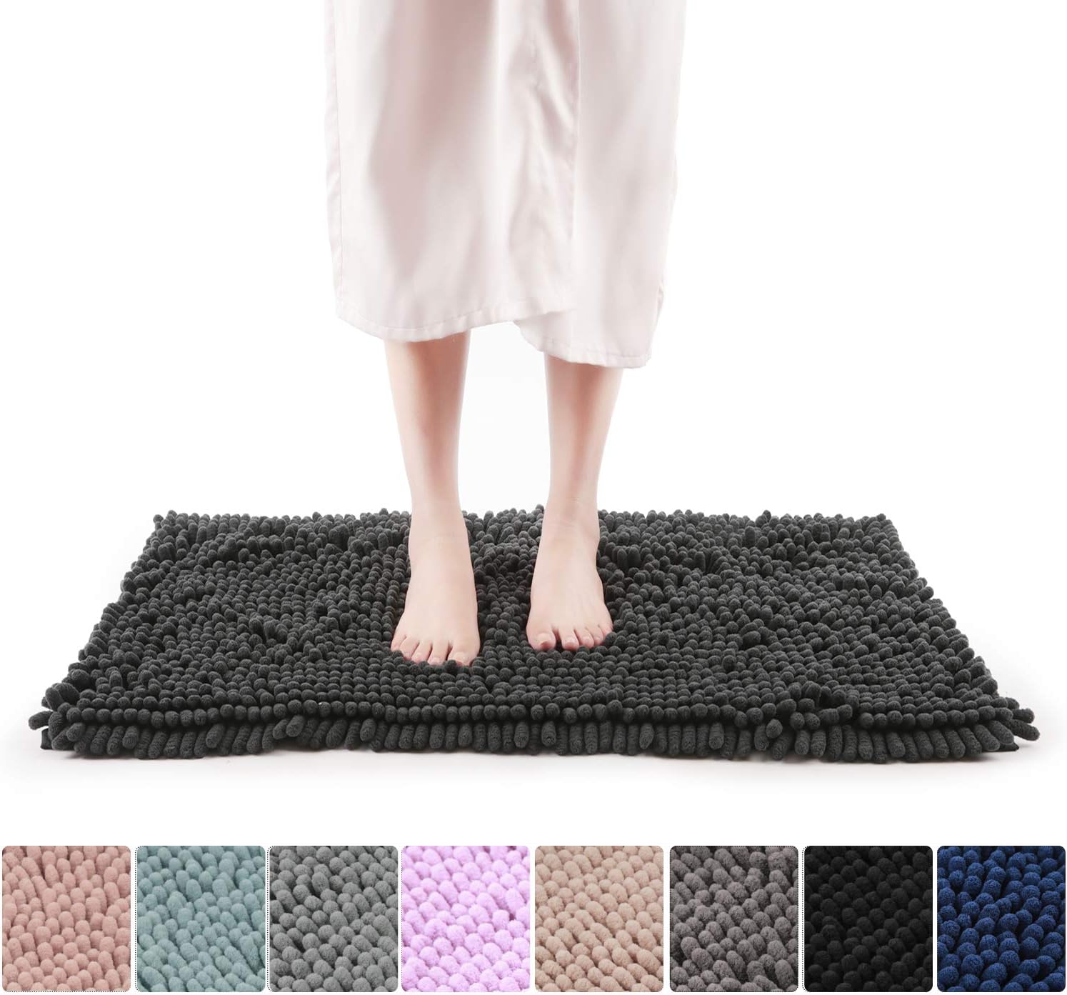 FRESHMINT Chenille Bathroom Rugs Non-Slip Bath Mat 24”x16.5“, Washable Soft Shower Mat, for Bathroom Floor & Tub Fluffy Shag Bath Rugs, Durable Thick Water Absorbent Microfiber Shower Rugs, Charcoal