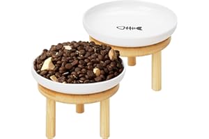 LFPKIXISE Shallow Elevated Cat Bowls with Bamboo Stand, 5.9 Inch Wide Ceramic Cat Dish Whisker Friendly, 2 Pack Pet Food and Water Plates