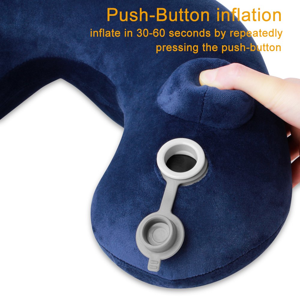 Travel Pillow, LIANSING Airplane Inflatable Travle Neck Pillow Push-Button Soft Velvet with Earbuds Goggles 3 in 1 and Straps for Office Airplane Travel Car Lunch Break