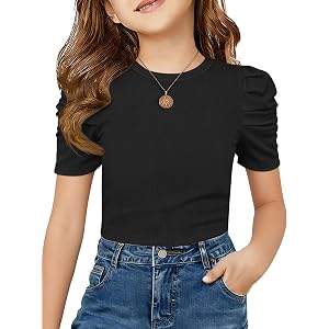 ZDC Girls Puff Short Sleeve T Shirts Kids Summer Ribbed Knit Tops Crewneck Slim Fit Workout Tee
