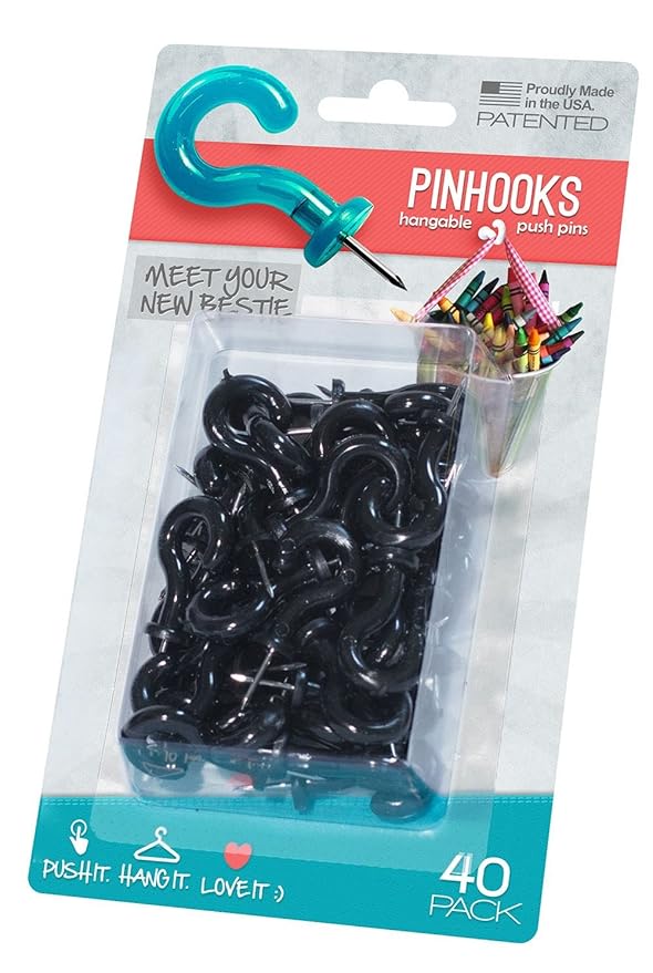 Pinhooks Value Push Pin 40Pack Wall Hooks, Black Home