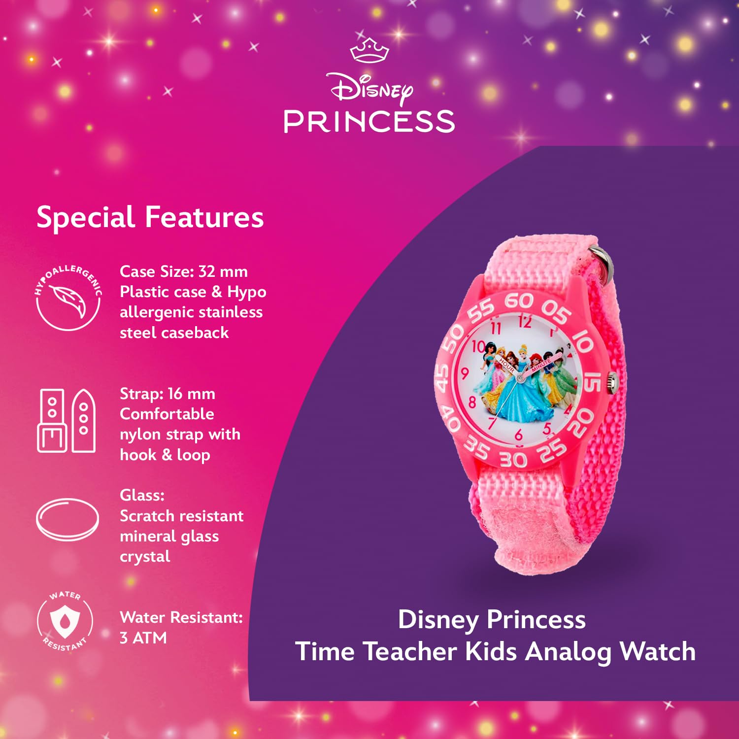 Disney Princess Watch for Girls – Kids’ Princess Watch with Pink Bezel & Purple Nylon Strap – Perfect Toddler Watches for Girls Age 4-7