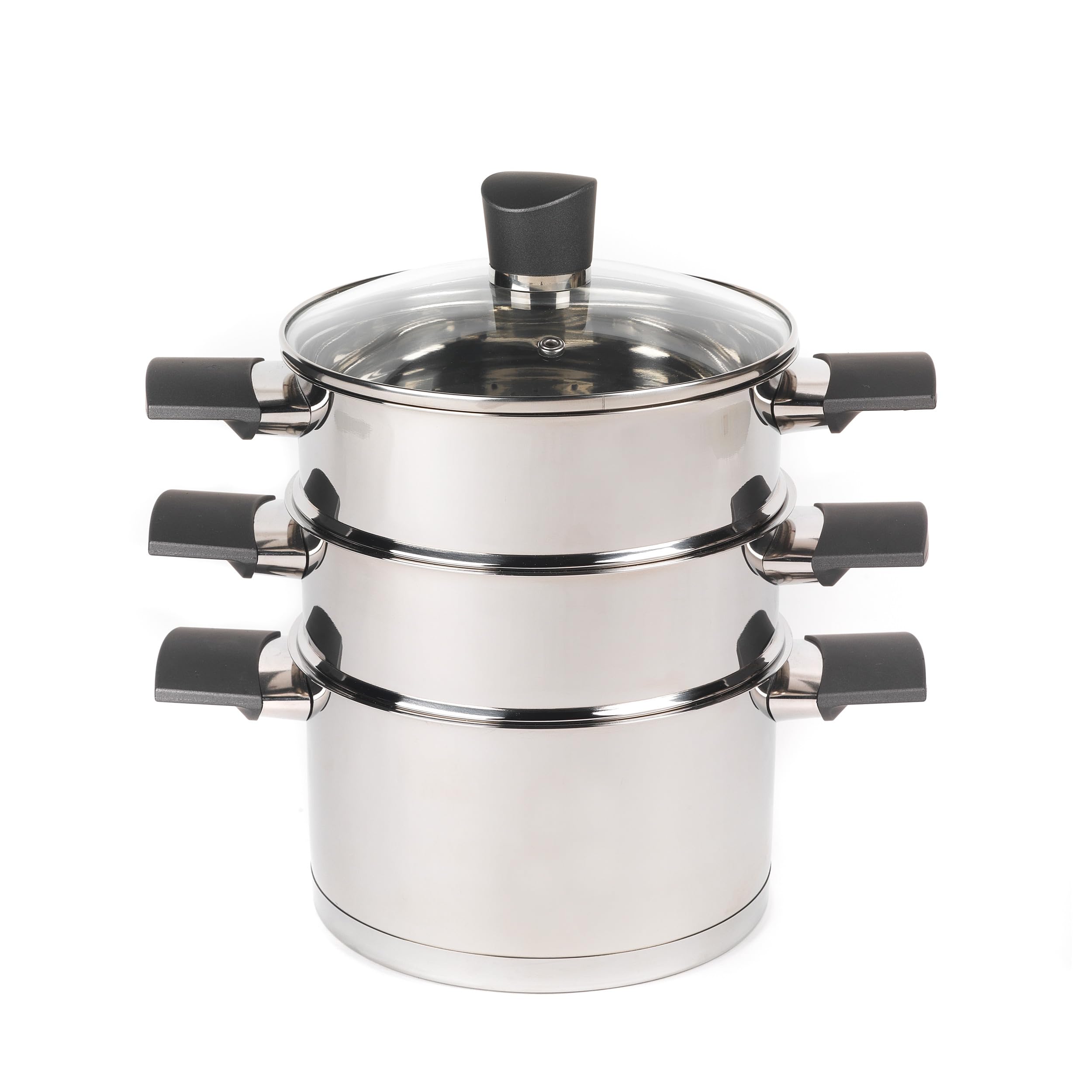 Russell Hobbs Excellence 3 Tier Steamer – 18 cm Cooking Pots with Tempered Glass Lid, Non-Stick Coating, Stainless Steel, Vegetable Steaming Pan, Induction Suitable, Soft Touch Handles