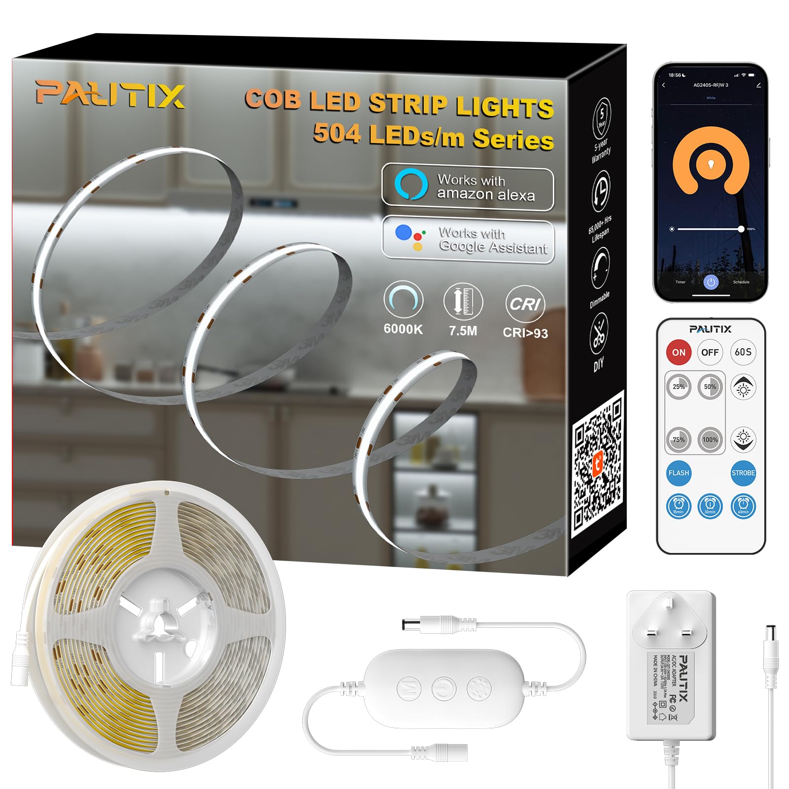 PAUTIX COB LED Strip 7.5M 6000K Daylight White LED Strips 24V 504LEDs/M Dimmable LED Strip Lights Super Bright CRI93+ Strips Light with WiFi Tuya APP for Under Cabinet Kitchen Mirror Living Room