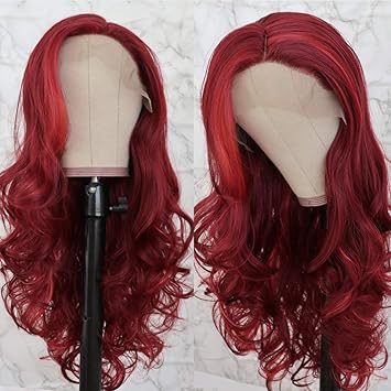 Platinumhair Lace Front Wigs Long Wavy Synthetic Wigs For Black Women Ombre Red Wig Heat Resistant Fiber Hair 180 Density Red Color Body Wave Wigs