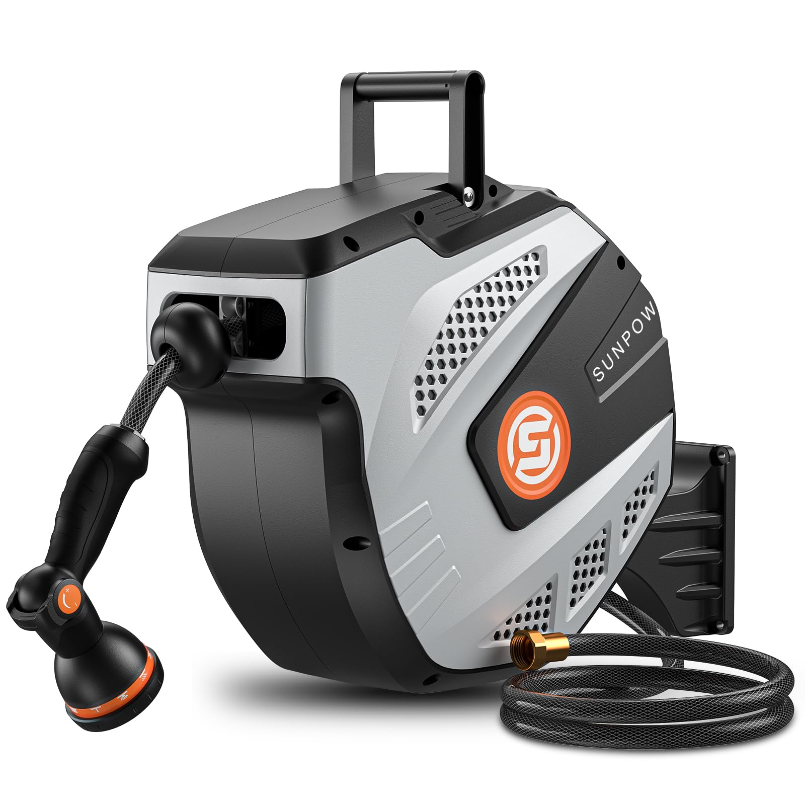 Photo 1 of (part only) SUNPOW Retractable Garden Hose Reel - 1/2 inch x 50ft Wall Mounted Hose Reel with 3/4 inch Brass Fitting & 10 Function Sprayer Nozzle - Any Length Lock, Auto Rewind System, 180°Swivel Bracket - Grey