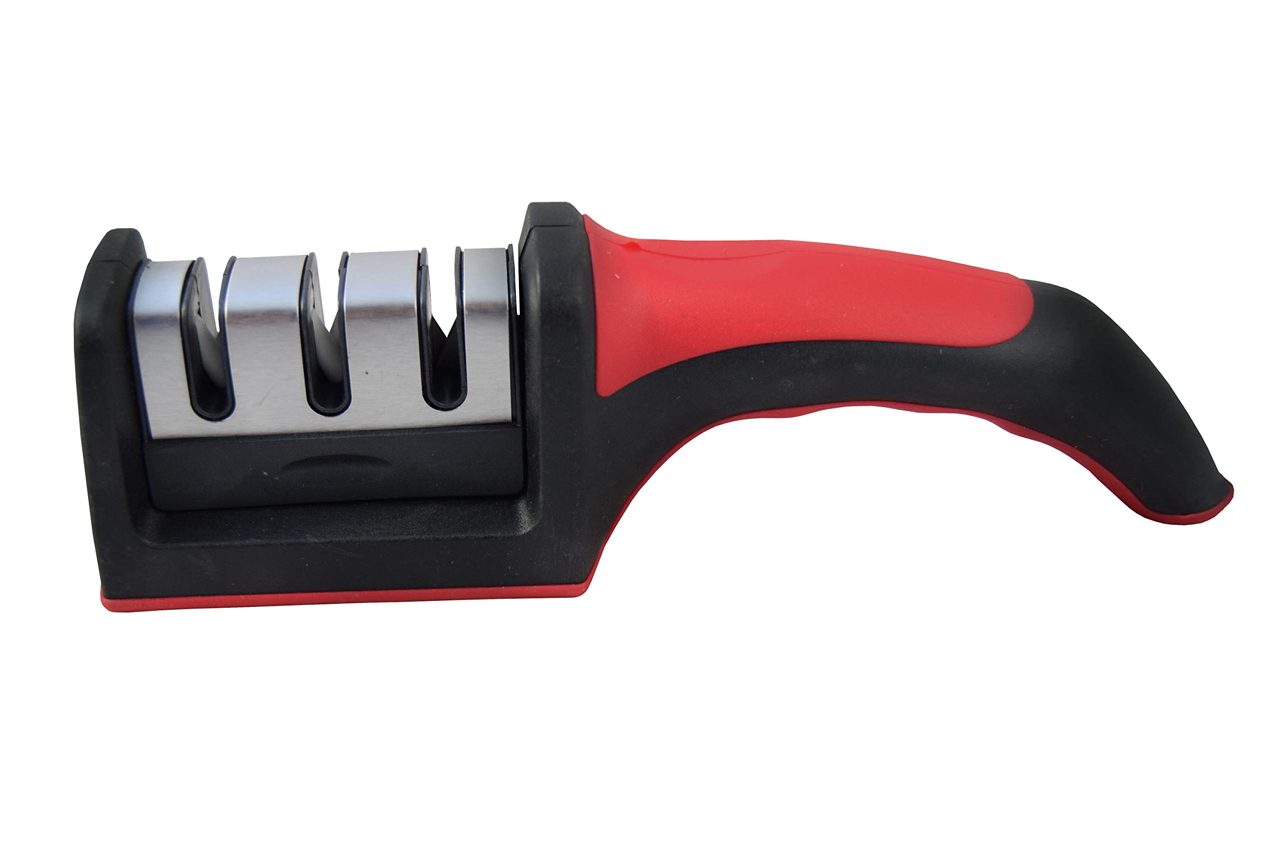 DinoK - Knife Sharpener - Professional Three Stage Sharpening System - Easily Sharpen Blunt Kitchen, Chef, Butcher and Utility Knives - Left Or Right Handed - Comfortable Handle And Non Slip Base - Red