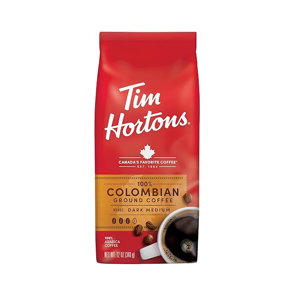 TIM HORTONS COLOMBIAN, MEDIUM-DARK ROAST GROUND COFFEE, PERFECTLY BALANCED, ALWAYS SMOOTH, MADE WITH 100% ARABICA BEANS, 12 OUNCE BAG