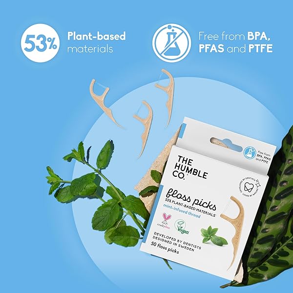 THE HUMBLE CO. FLOSS PICKS (200 COUNT) – PLANT BASED DENTAL FLOSS PICKS FOR SUPERIOR ORAL CARE, DENTAL HYGIENE, AND GUM HEALTH, CRUELTY FREE TOOTH FLOSS PICKS (MINT, DOUBLE THREAD)