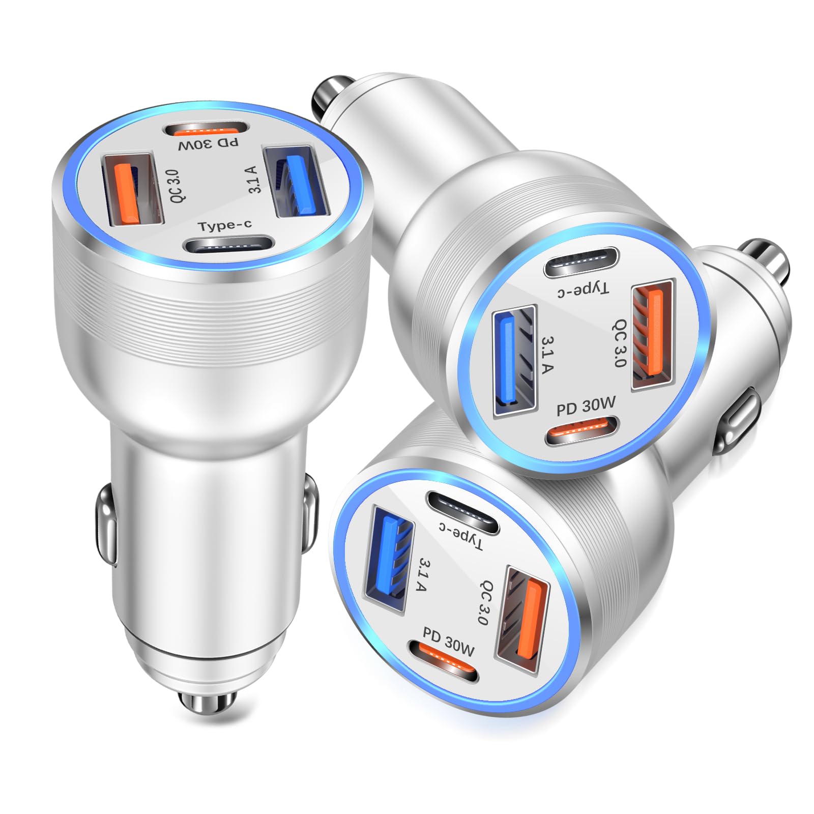 USB C Car Charger, Bangfun 3 Pack 65W 4 Ports 12V USB C Cigarette Lighter Adapter QC 3.0&PD 30W Super Fast Type C Car Phone Charger for iPhone 15/14/13/11/iPad Pro,Samsung,Android(Silver)