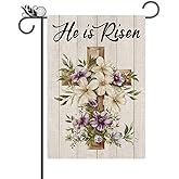 Easter Garden Flag - He Is Risen Christian Easter Cross and Flowers Burlap Double Sided Vertical Holiday Spring Yard Outdoor Decor 12.5 x 18 Inch