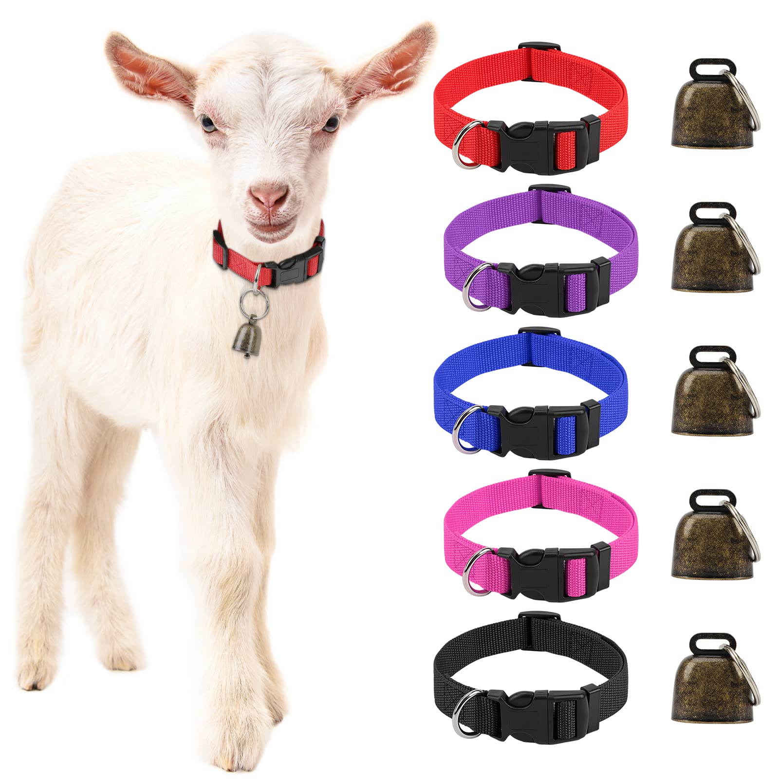 HYLYUN 5 Pack Goat Collars with Bells, Cow Horse Sheep Grazing Copper Bells and Adjustable Nylon Collar Set Pet Anti-Lost Loud Bronze Bell for Small Farm Animal Goat Sheep Cow Accessories