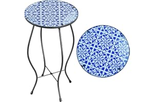 Paytonture Patio Side Table Outdoor Mosaic Table Accent Coffee Table,Plant End Table Small Porch BlueTable Indoor,Round Glass Balcony Plant Table Stands for Garden Patio Living Room 14 Inch
