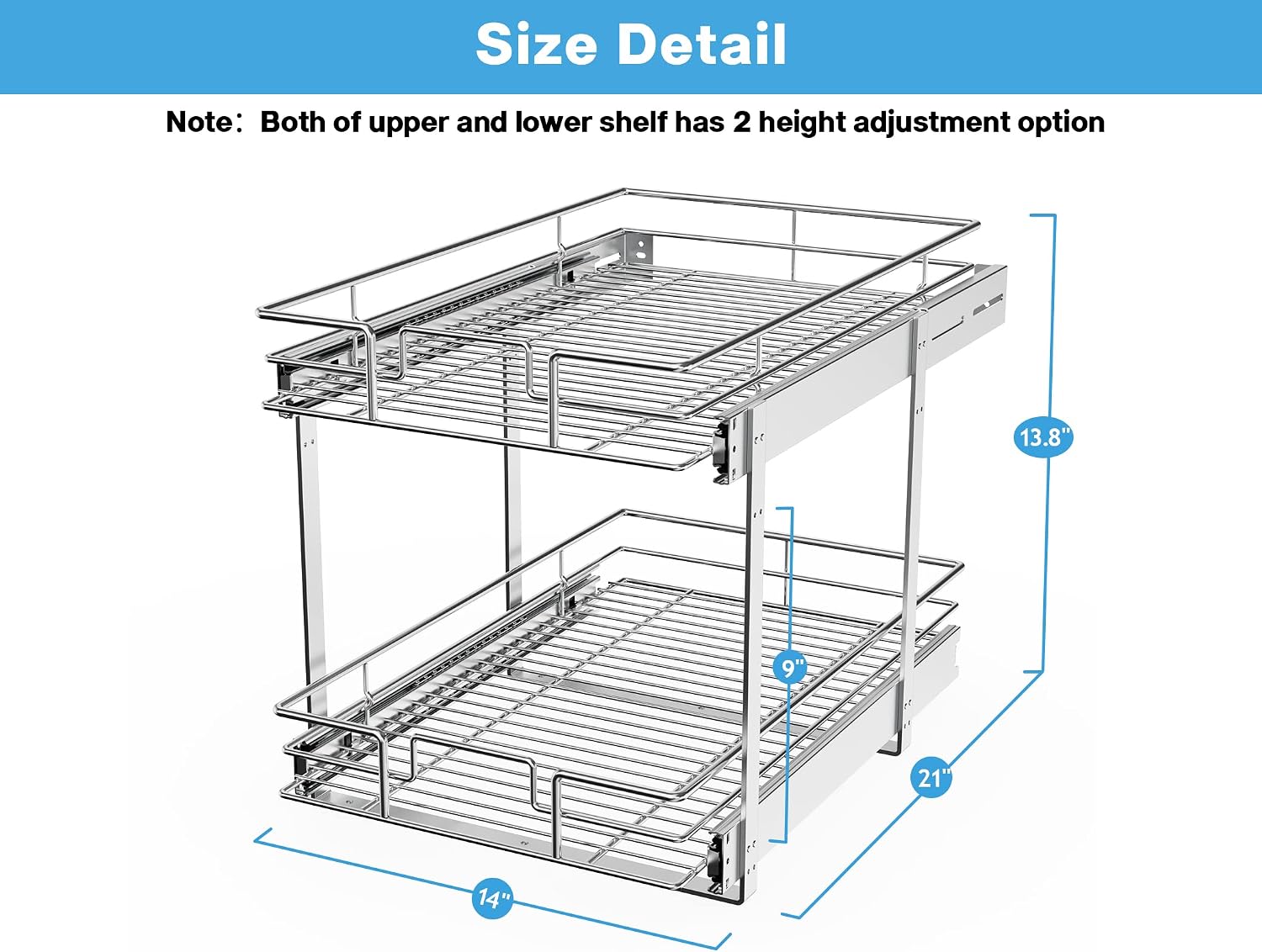 Side view of the LOVMOR 2-Tier Pull-Out Cabinet Organizer, illustrating that upper and lower wire baskets can be opened and closed independently, and highlighting the full extension ball bearing system.