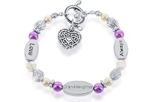 Beaux Bijoux Granddaughter Gift - Stretch Heart Charm Bracelet - Gift Boxed with Sentimental Card - 'Love Granddaughter Always' with Beads & Synthetic Pearls