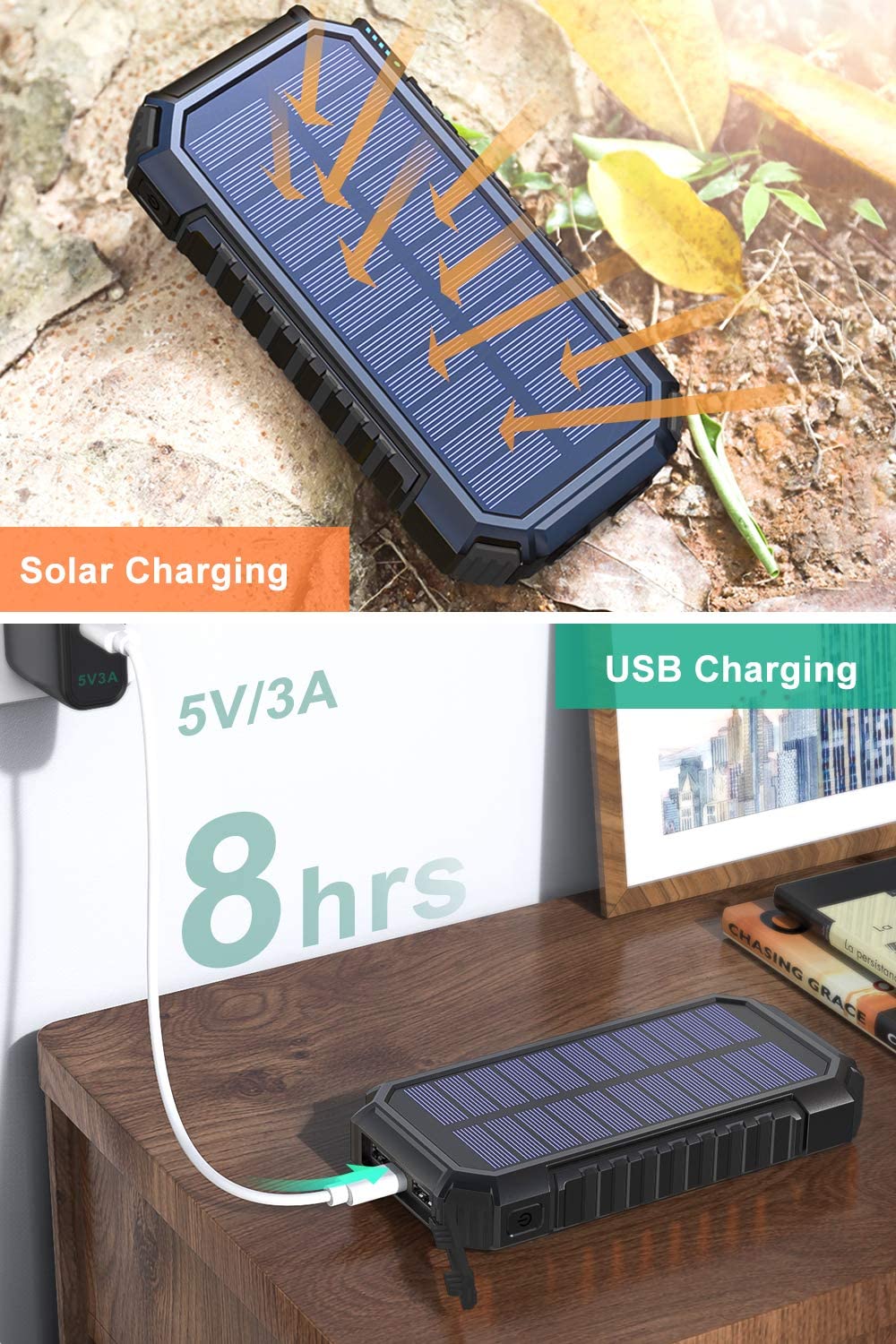 Solar Charger 26800mAh, Hiluckey Wireless Portable Charger Qi Power Bank with 4 Outputs & LED Flashlight, USB C Quick Charge Waterproof Phone Charger for Smartphones, Tablets and Outdoors