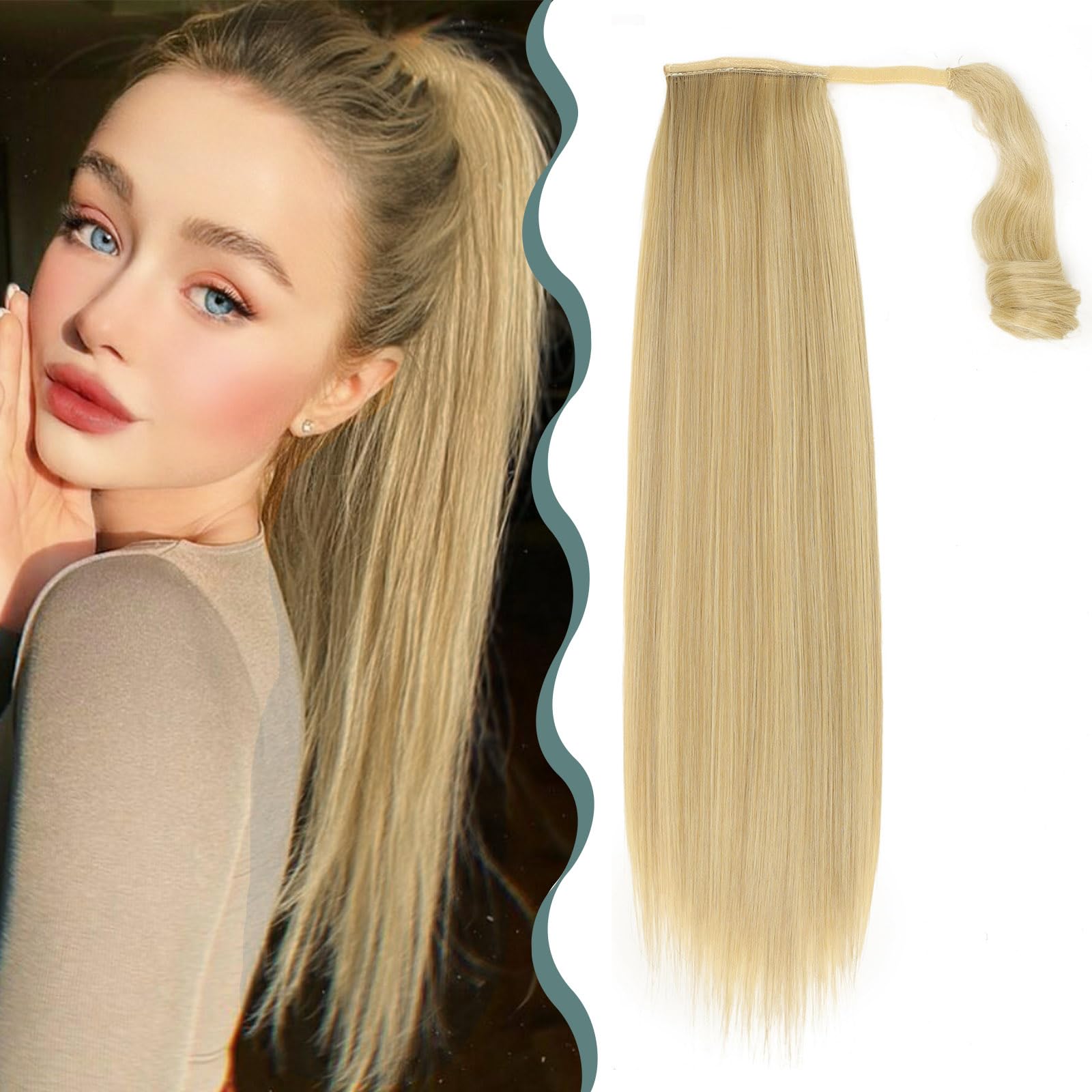 BHF Hair Extensions - Clip In Hair Extensions Wrap Around Ponytail Extension Long Straight Ponytail Hairpiece Fluffy Synthetic Fiber Fake Ponytail for Women (Light Blonde with Golden Blonde 22'' 130g）