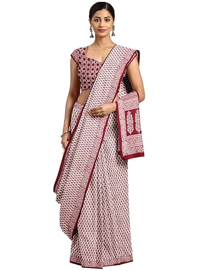Pure Cotton Off White & Red Handblock printed Saree and Blouse MRBASA0010