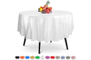 HSGUS 14 Pack Premium Round White Plastic Tablecloth - 84 x 84 in. Disposable Round Plastic Table Cloth - Decorative Round Table Cover Smooth Table Cover - Disposable Table Cloths For Parties, Weddings
