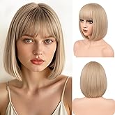 BATISI Short Blonde Bob Wig with Bangs Straight Wigs for Women Gold Wig Colorful Costume Cosplay Daily Party Neon Wig 12 Inch