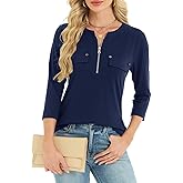 Mcnlyce Women's 3/4 Length Sleeve Tops Business Casual Shirts V Neck Work Tunic with Zipper