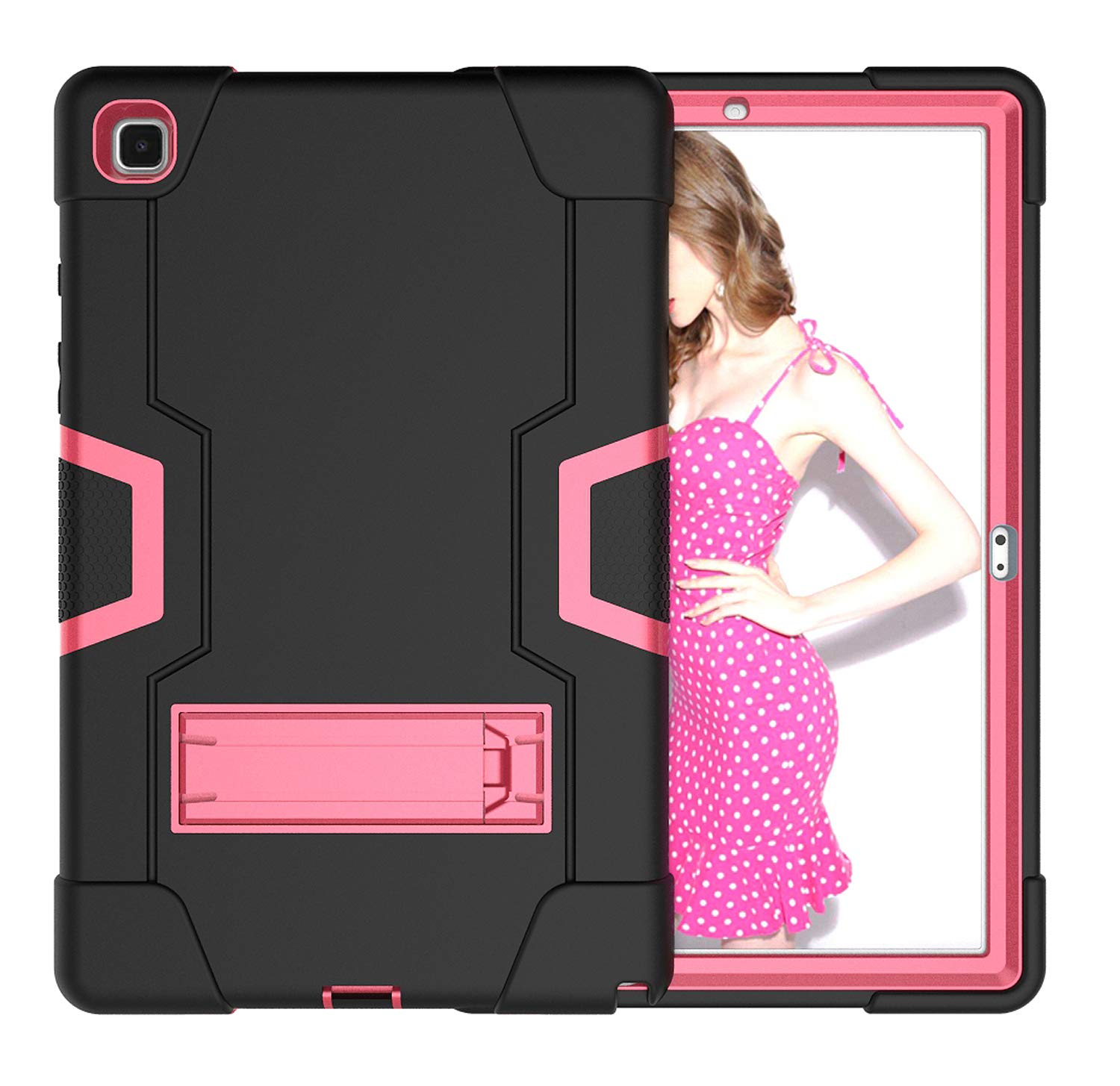 Bspring Case for Samsung Galaxy Tab A7 10.4 inch 2020, SM-T500/T505/T507 Case with [Kickstand] Shockproof Hard Durable Protective Cover,Black+RoseRed