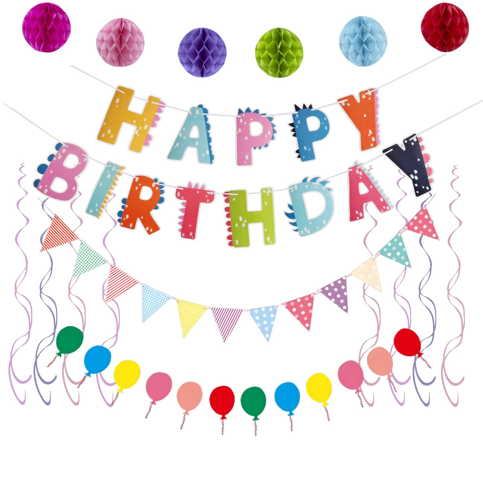 Photo 1 of 28 Pcs Colorful Birthday Banner Set - Rainbow Party Decorations Kit with Triangle Pennant Flags, Balloon Garland, Honeycomb Balls & Firework Guns for Kids Boys Girls