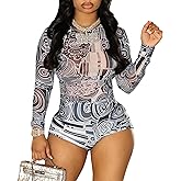 Molilove Women’s Sexy 2 Piece Outfits Mesh Print See Through Long Sleeve Top and Bodycon Shorts Sets Y2K Party Clubwear